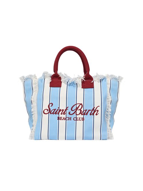 Borsa Vanity Beach Club regular in canvas di cotone a righe azzurre con dettagli bordeaux Mc2 Saint Barth | VANI00100938L